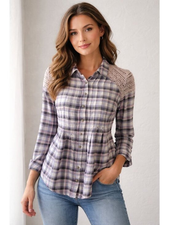 Free People Tops - Free People plaid button-down shirt featuring crochet lace on the shoulder SZ L